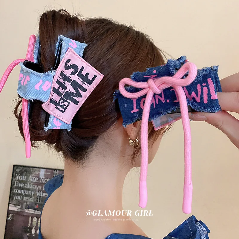 

Fabric Bow Double-sided Denim Grab Clip Creative Contrasting Color Shark Clip Hair Clip Sweet Temperament Hair Accessory Women