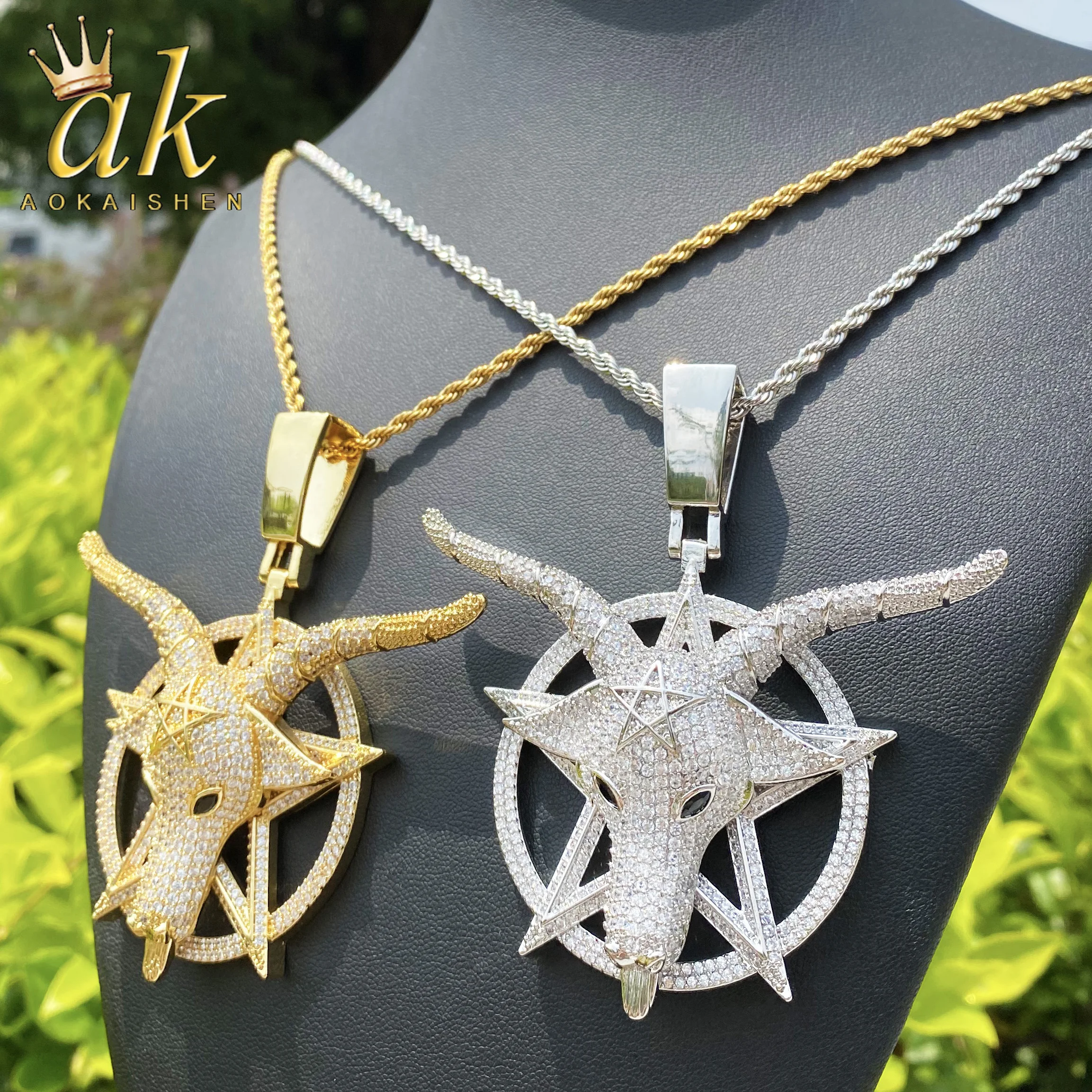 

Aokaishen Iced Out Goat Star Circle Necklace Pendant for Men Real Gold Plated Cubic Zirconia Hip Hop Jewelry