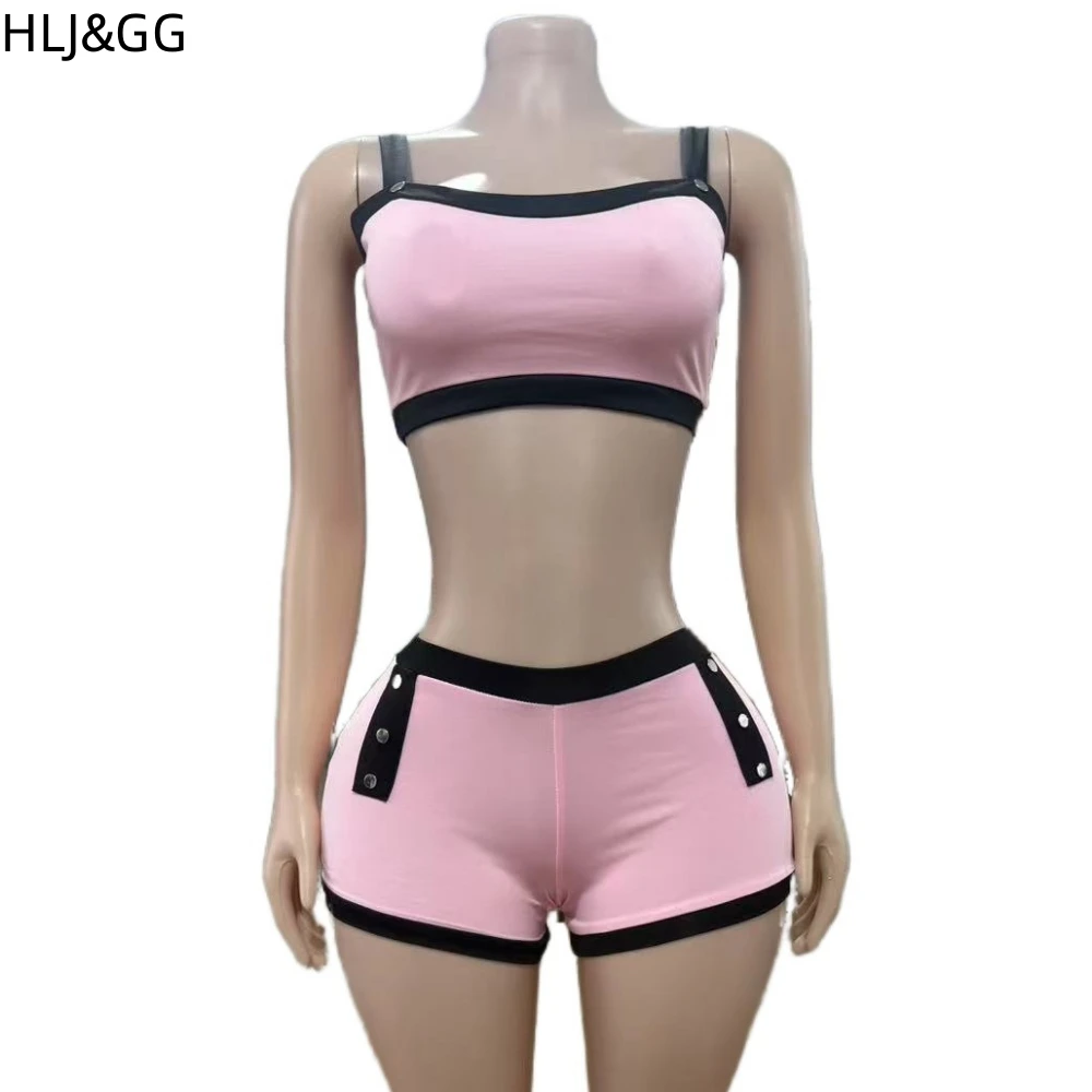 HLJ&GG Pink Sexy Solid Color Patchwork Two Piece Sets Women Round Neck Sleeveless Slim Crop Top And Shorts Outfits Streetwear