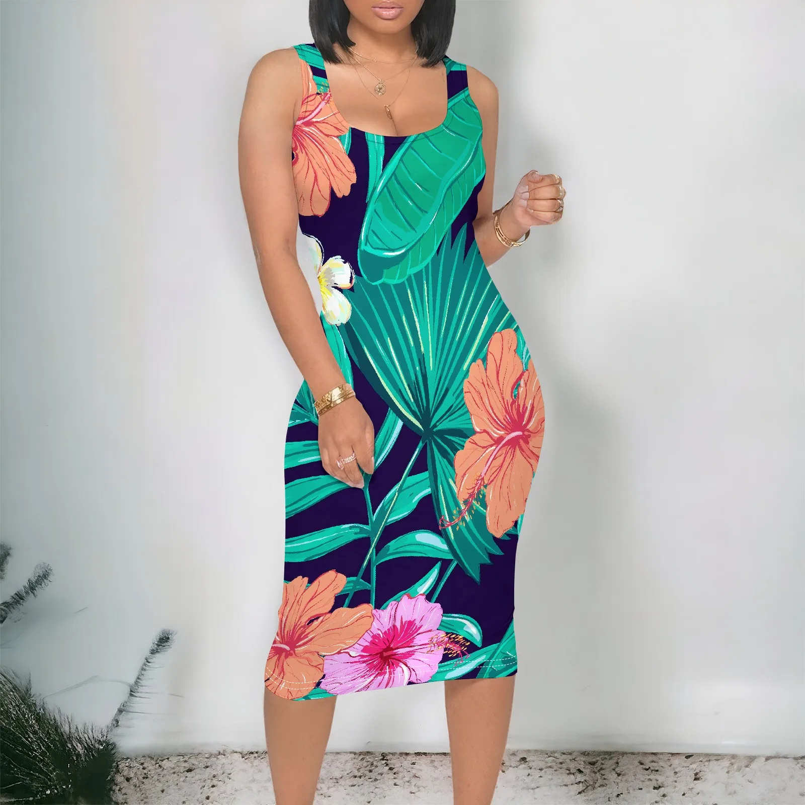 

Navy Tropical Print Bodycon Dress S-3XL Sleeveless Summer Cruise, Vacation or Pool Party Look for Women Beachwear Style