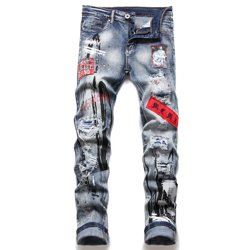 Męskie jasnoniebieskie dżinsy jeansy Skinny Holes Jeans nowe mody Stretch spodnie dżinsowe wysokiej jakości męskie spodnie jeansowe Slim Fit rozmiar 38