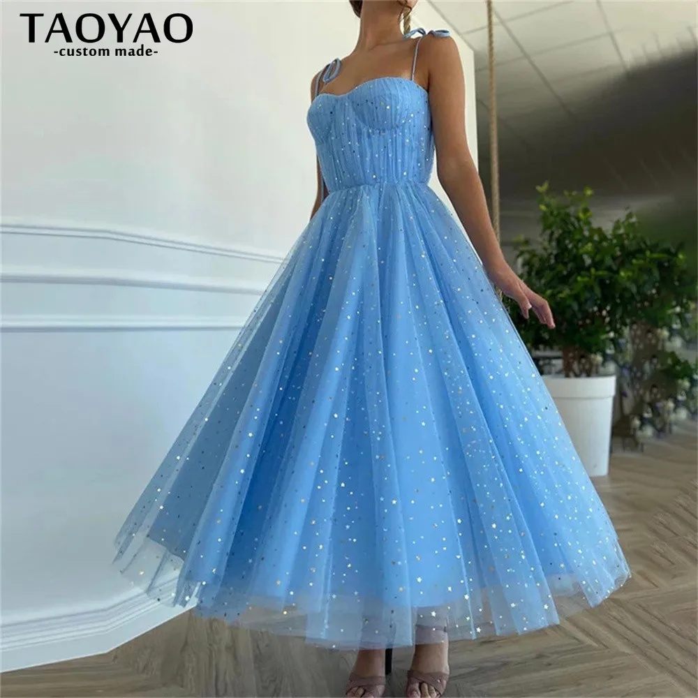 

Short Bow Prom Dresses Spaghetti Straps Starry Tulle Tea-Length Pleated Sparkly Formal Graduation Party Gowns Vestidos De Noche