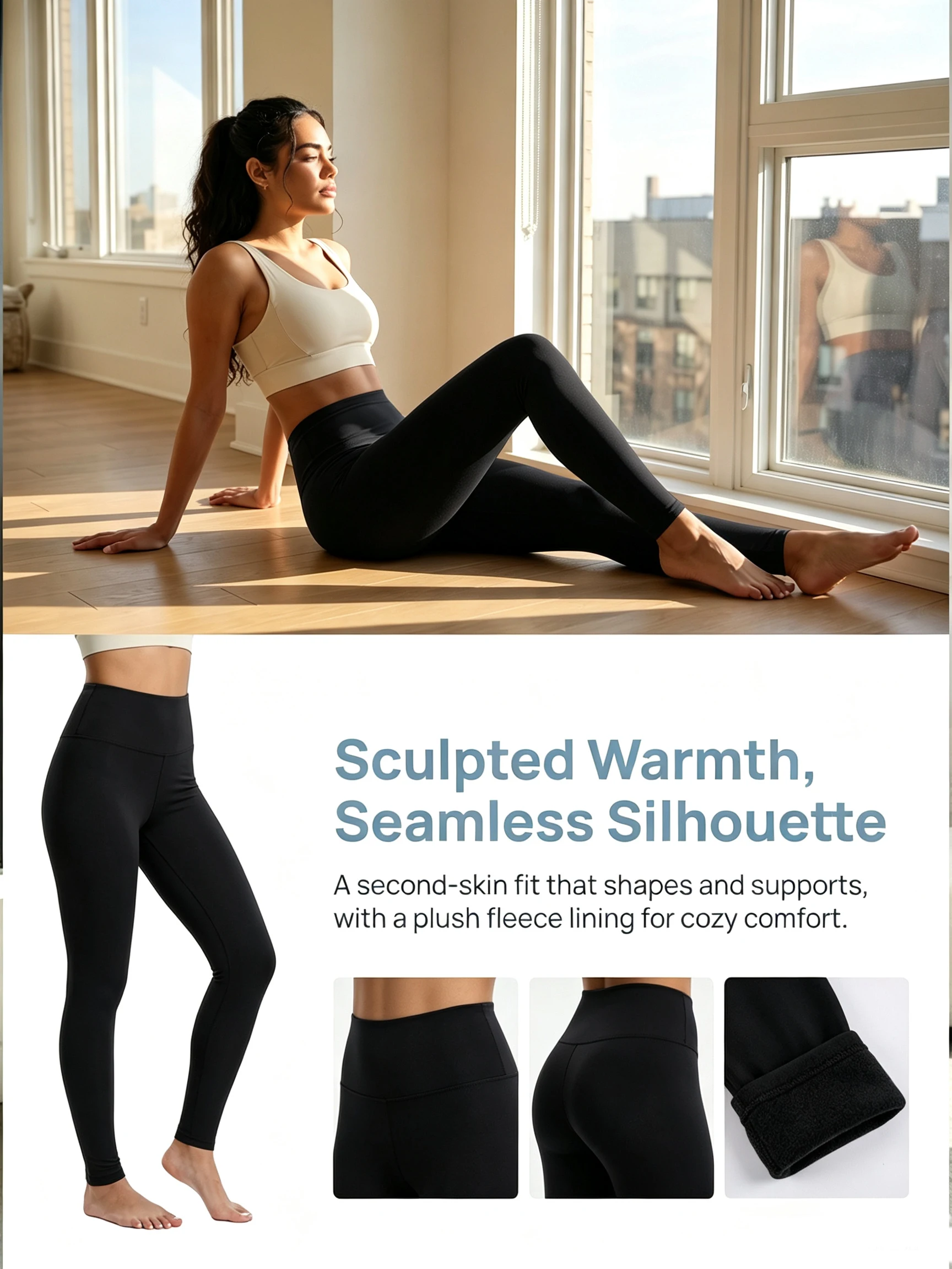 Plus-Size-Fleece-gefütterte Leggings für Damen, hochtailliert, bauchkontrollierend, für Workout, Winter, thermisch, warm, weiche Yogahose – Detail 4