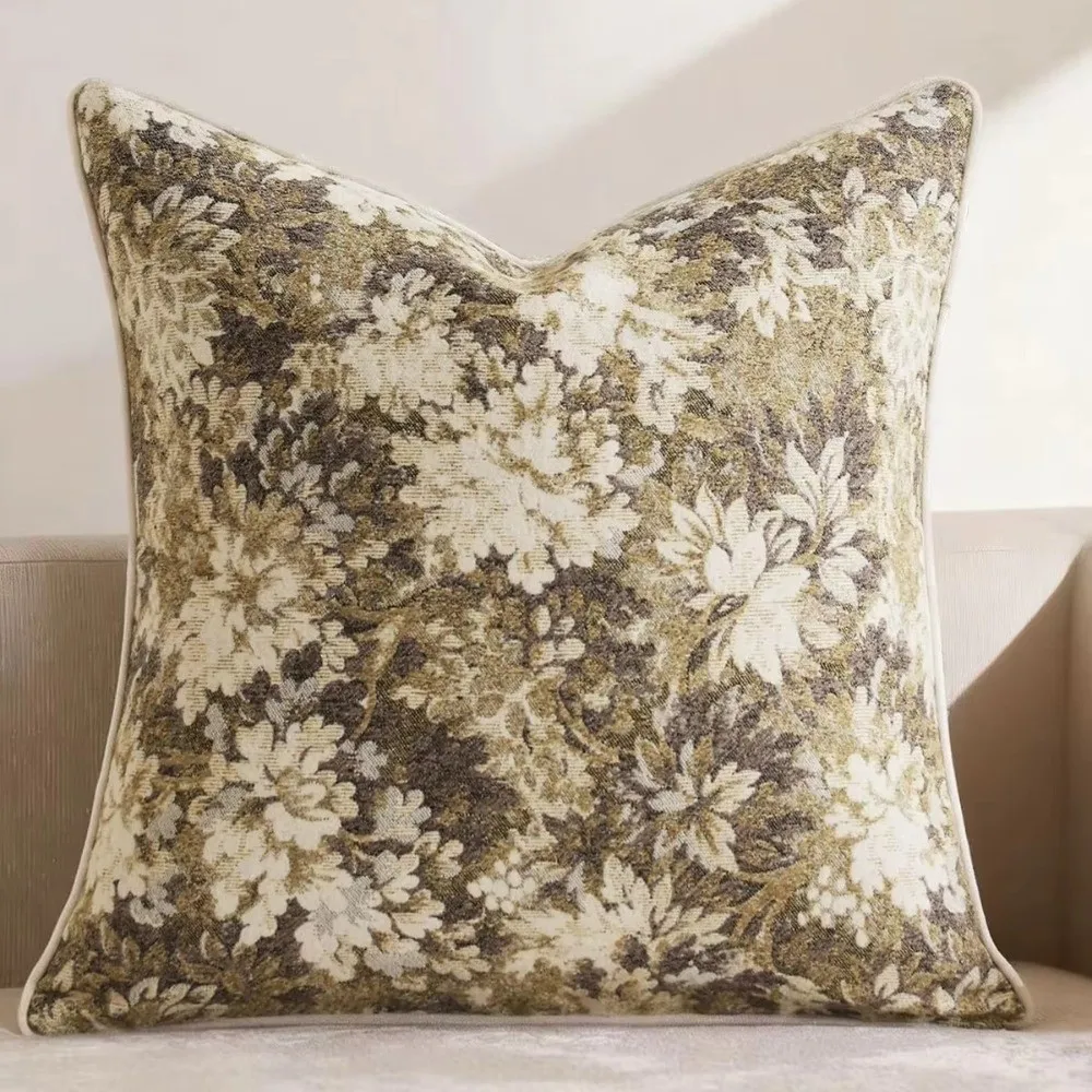 Jacquard Weave Floral Throw Pillowcase Chenille Fabric 18x18 Inch Accent Couch Pillow Yarn-Dyed Neutral Color Square Pillowcase
