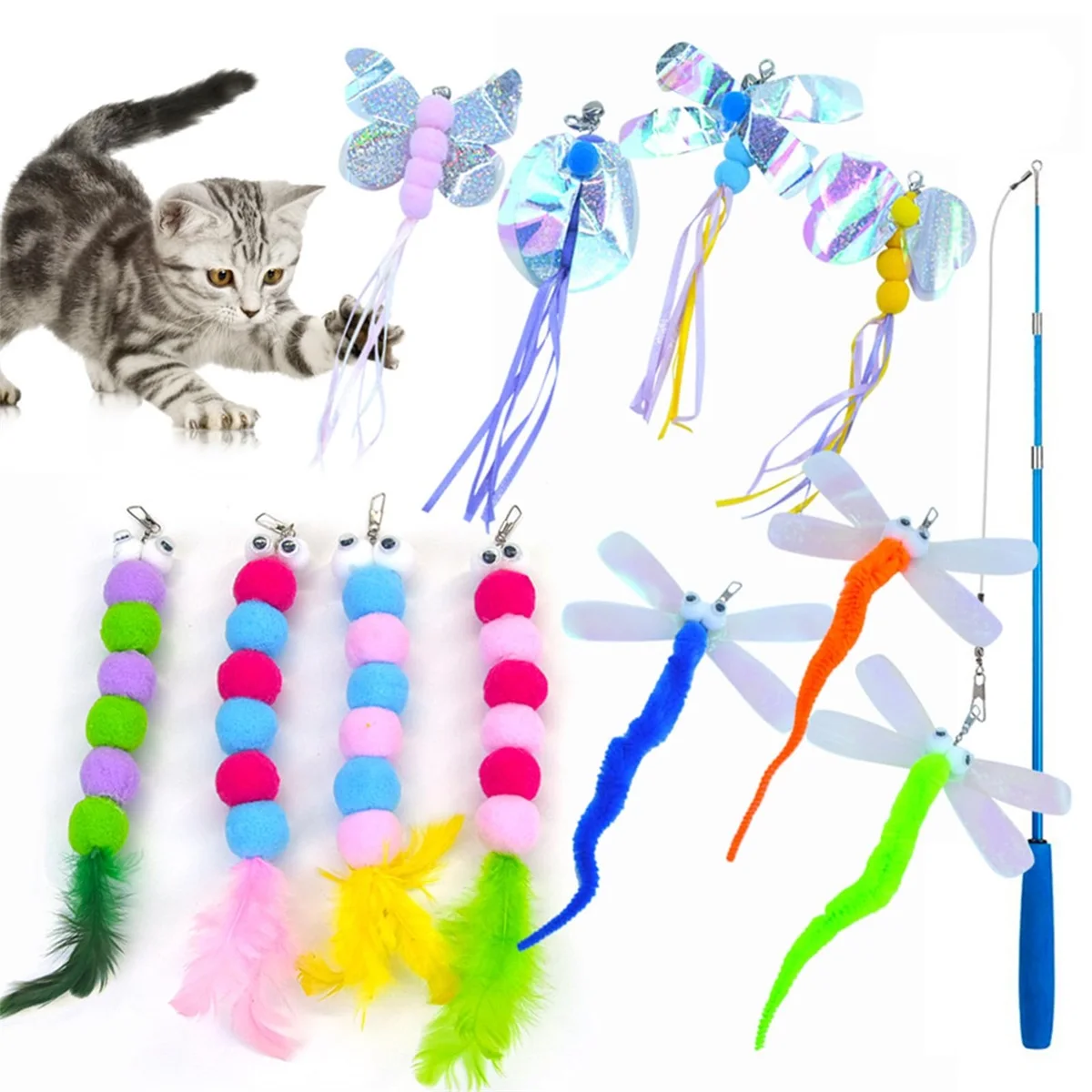 Toy Set, Butterfly And Dragonfly Cat Toy Set, Fishing Rod Toy 12 Pieces, Interactive Kitten Toy