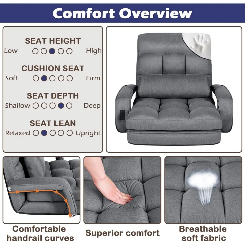 STHOUYN Comfy Floor Chair Bedroom 2 USB Charging Ports, 5-Position Couch Gaming Lounge Chairs Adults, Indoor Folding Lazy Sofa M