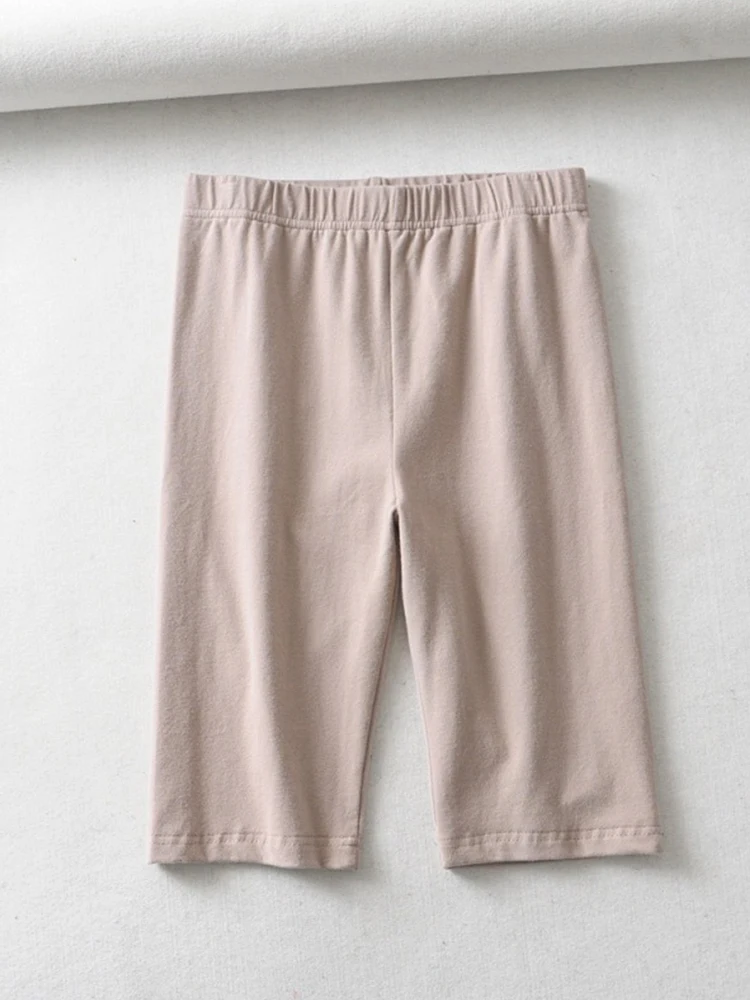 Solid color slim fit knee length cycling shorts for women with elastic waist, women's cotton sexy high waisted elastic solid col