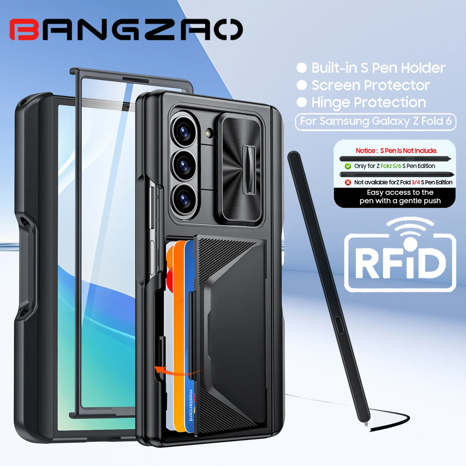 

Чехол для Galaxy Z Fold 6, RFID-кошелек с держателем для карт, держатель для S-ручки, чехол для камеры, противоударный силиконовый защитный чехол-черный
