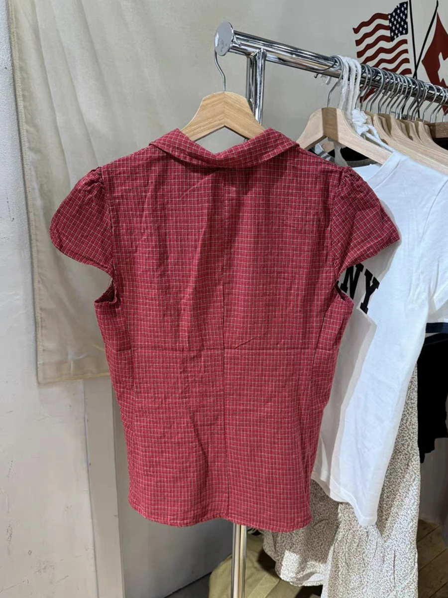Red Plaid Slim T-Shirt Blouse Woman Summer Peter Pan Collar Single Breasted Short Sleeve Tees Sweet Preppy Style Cotton Tshirt