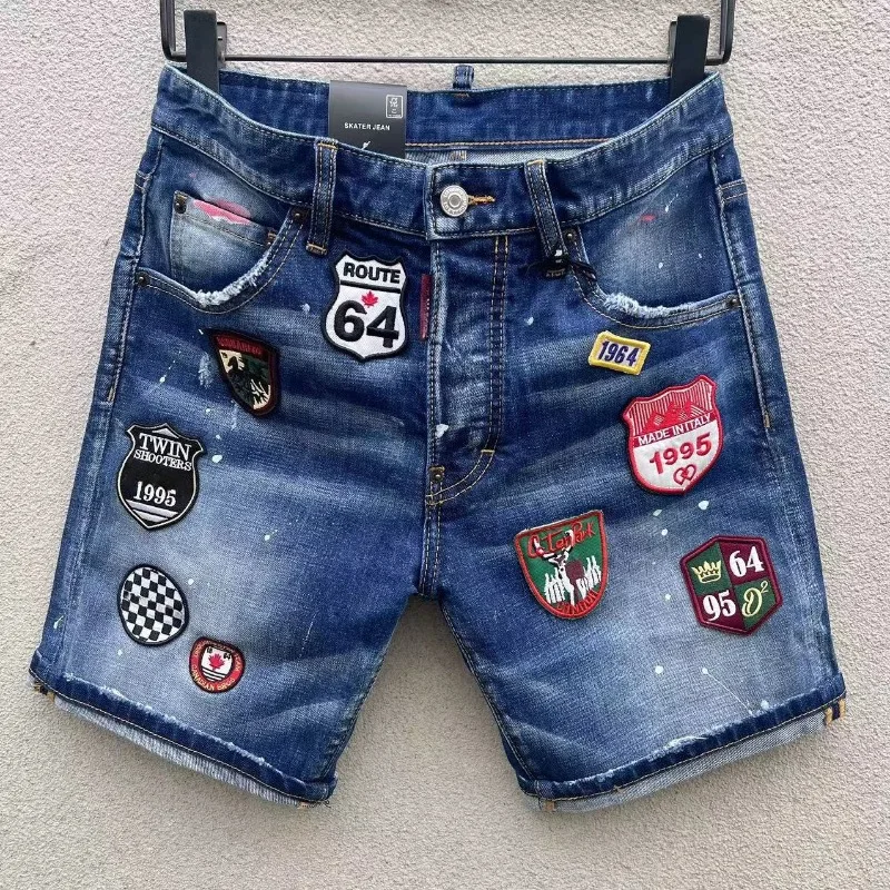 

Новые летние мужские синие короткие джинсы, эластичные джинсовые шорты, итальянский уличный стиль, мужские модные мужские джинсовые шорты высокого качества с дырками