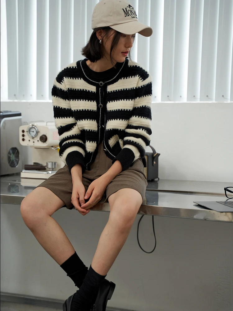 CHEERART Striped Sweater Cropped Cardigan Knitwear Long Sleeve Button Up Cardigan Autumn Winter Clothes Women 2022 Fashion