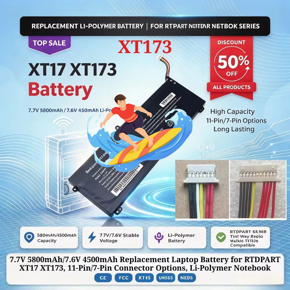 7.7V 5800mAh/7.6V 4500mAh Replacement Laptop Battery for RTDPART XT17 XT173, 11-Pin/7-Pin Connector Options, Li-Polymer Notebook