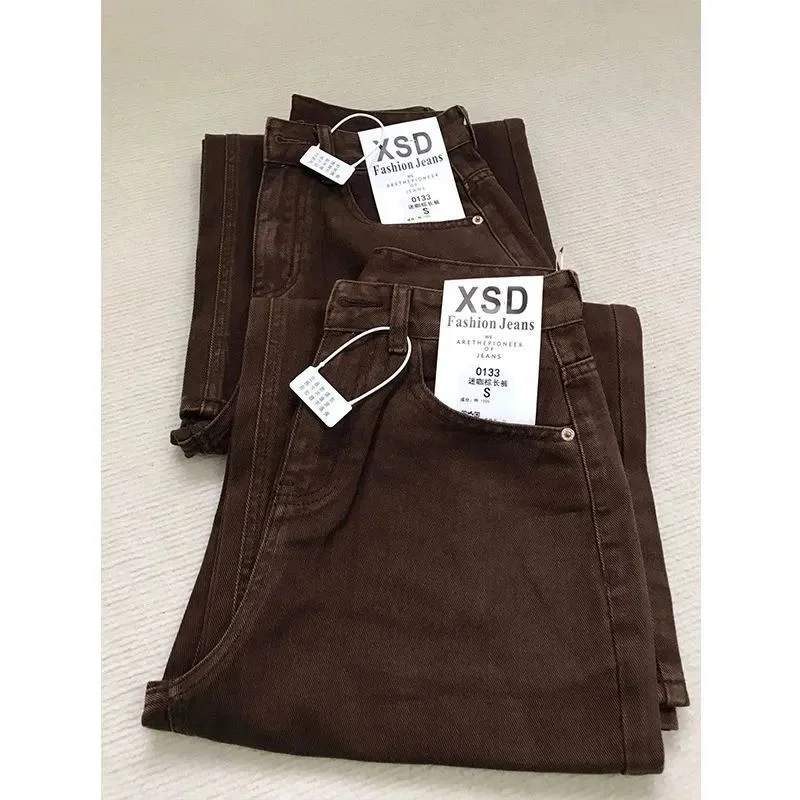 جينز نسائي مستقيم الساق من American Retro Coffee لخريف وشتاء جديد عالي الخصر فضفاض غير رسمي بنطال ذو قصة أرجل واسعة ملابس خروج عصرية #2