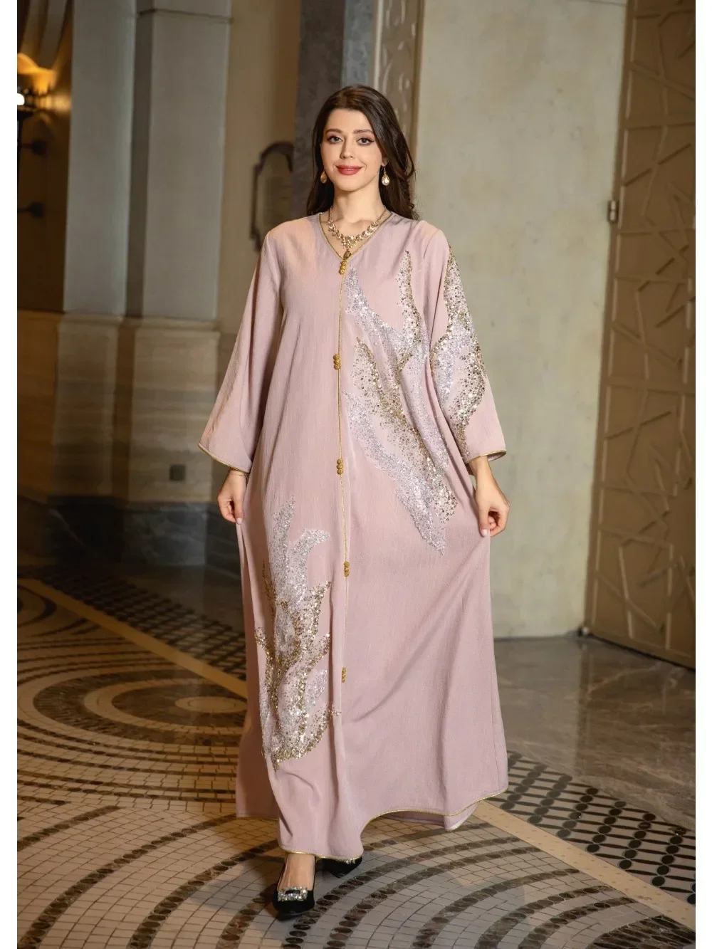 Vestido de fiesta musulmán Eid para mujer, Abaya con cuello en V, lentejuelas, Jalabiya, Marruecos, Dubai, Abayas, caftán, túnica larga árabe