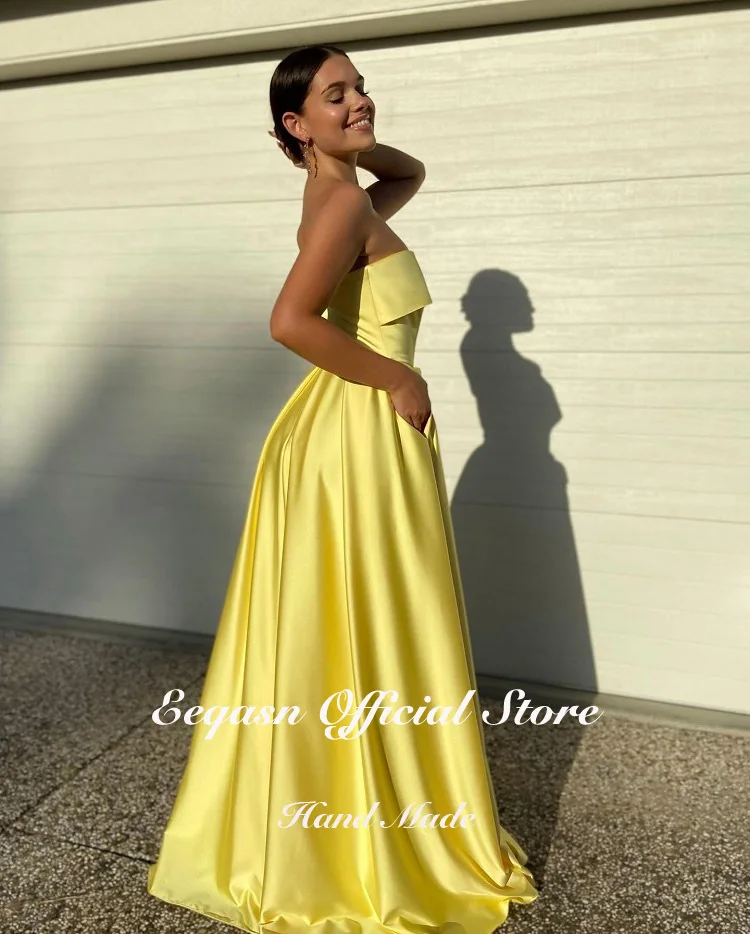 Customized Yellow Satin Evening Gown 2025 Strapless Long A Line Women Prom Dresses Gala Celebrity Formal Gown with Pockets