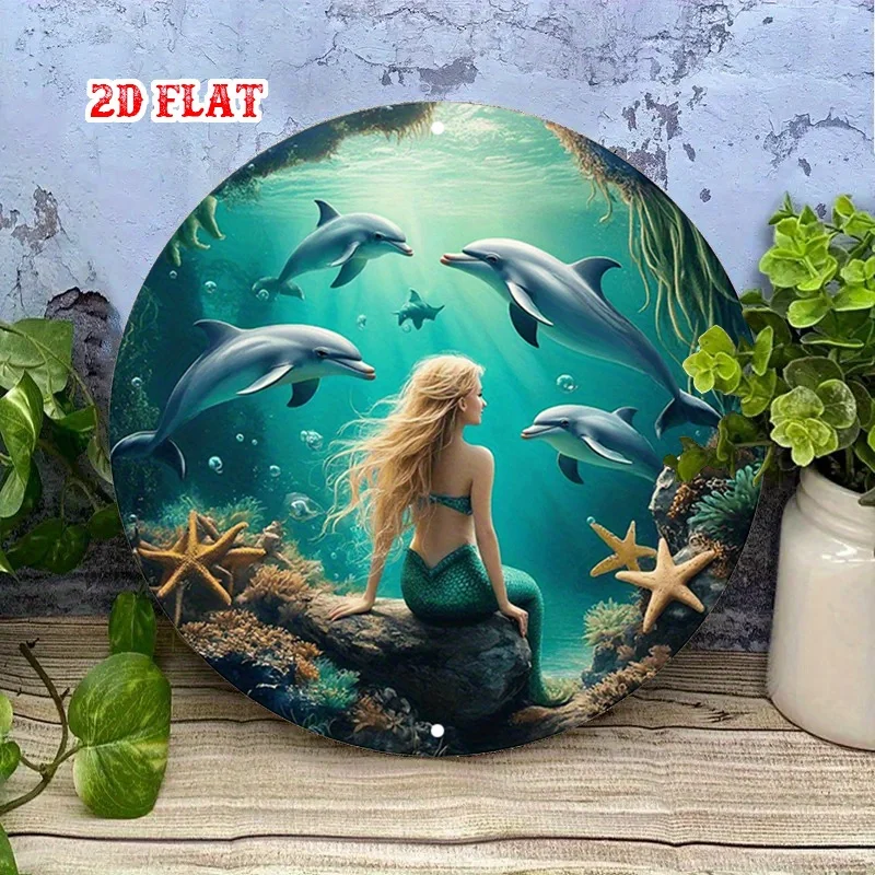 2D Flat DolphinsMetal , Mermaid Round, Underwater - Ocean Rustic Metal Wall Art,  Wall Decor Signs for Home, Garage, Dining Room
