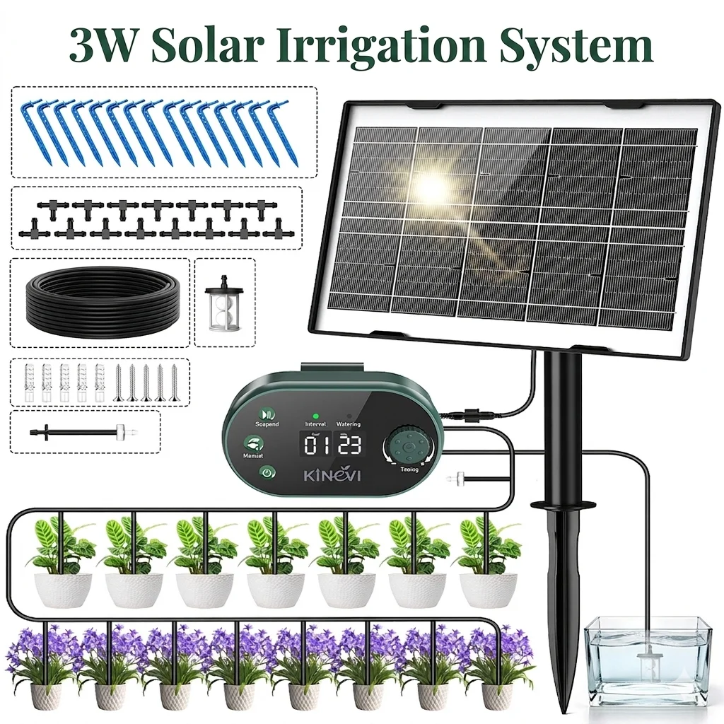 Solar Irrigation System 3W Auto Watering Drip Kit for 15 Pots, with 22 Timer Modes&15 Drip Heads Suitable for Garden Balcony Etc