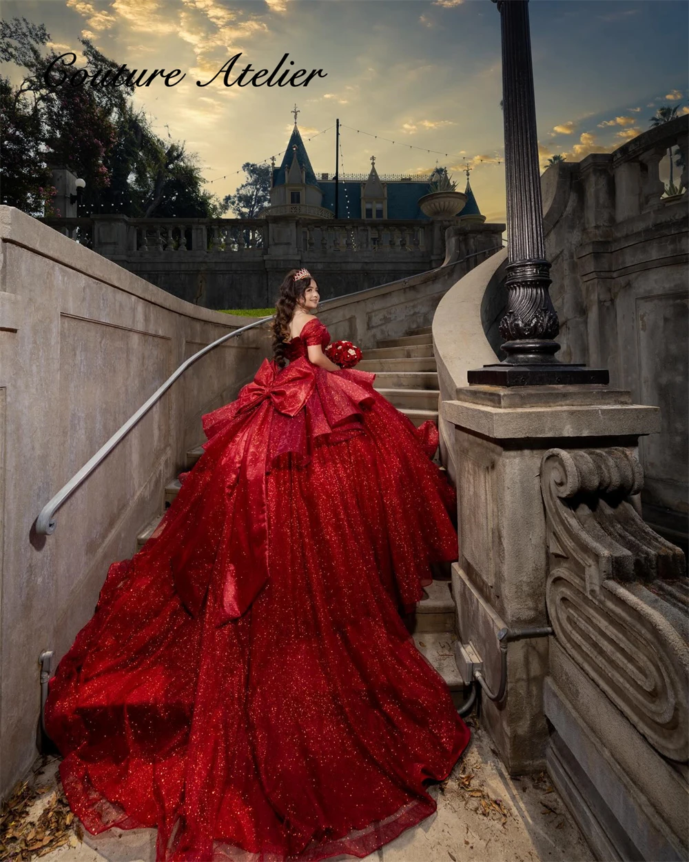 Robe de Quinceanera rouge scintillant avec nœud, robe de Rhà volants, robe de soirée de mariage mexicaine, robes de Quinceanera, 138 xv