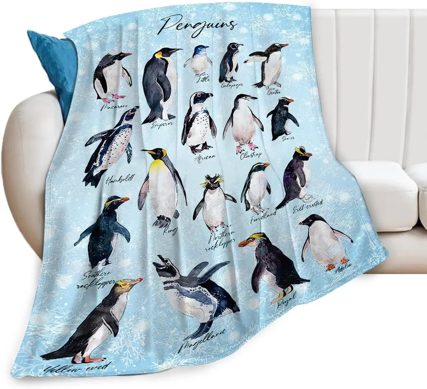 Penguin & Snowflake Flannel Throw Blanket, Arctic Gift for Animal Lovers, Winter Party Decor for Bedroom Couch,Soft Cozy Blanket