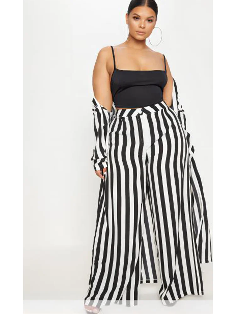 Plus Size Long Sleeve Black White Striped Set African Clothes High Waist Wide Leg Pants Two Piece Set Elegant OL Ladies Clothing