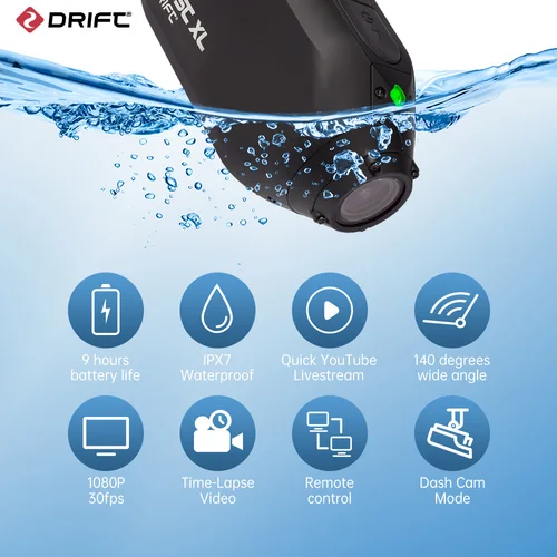 Imagen 2 del producto Drift Innovation-Cámara de Acción Ghost XL, videocámara Full HD 1080 con lente giratoria y modo Dash Cam, impermeable IPX7