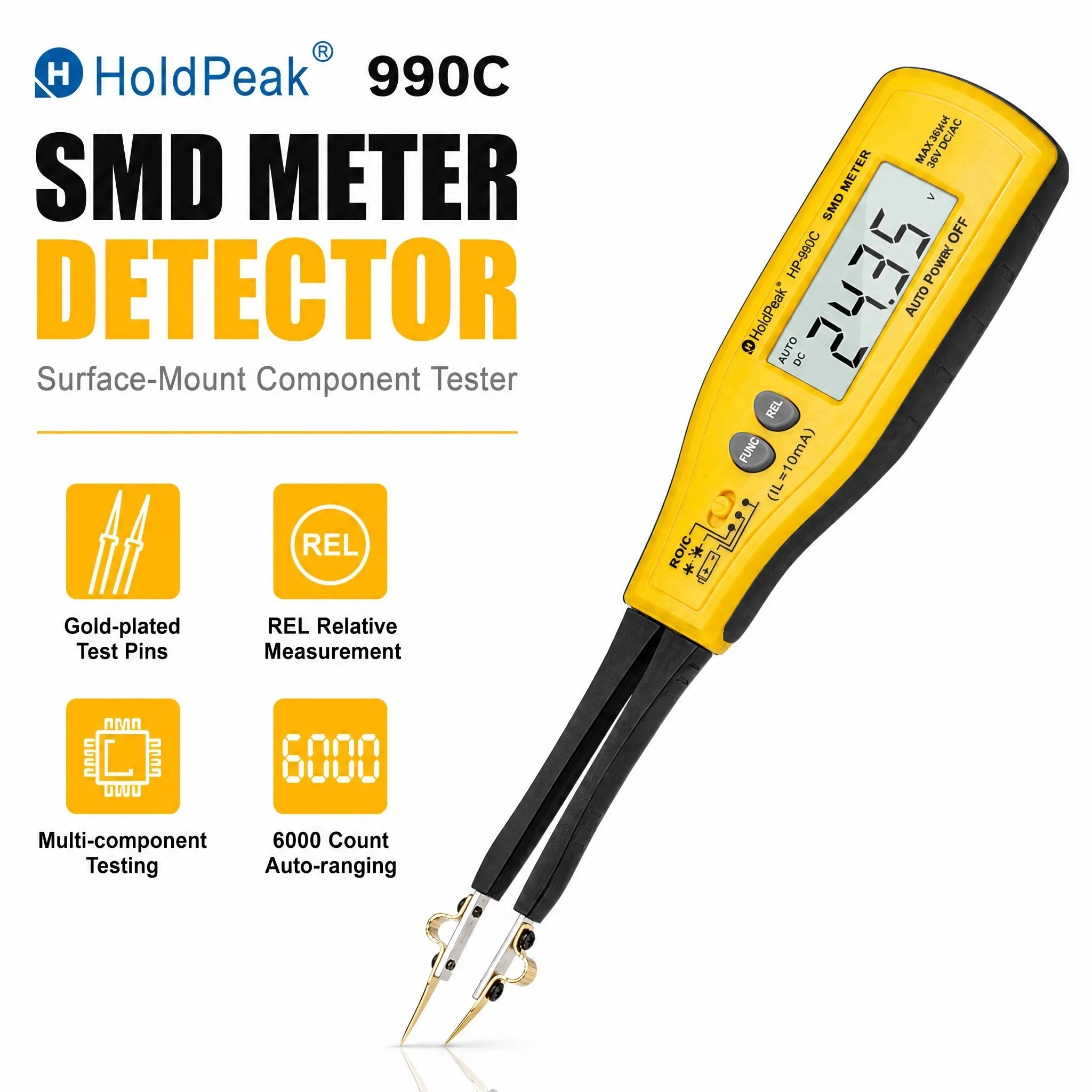HoldPeak SMD Tester Resistance/Capacitance/Diode/Zener/LED Continuity Battery 6000 Counts Auto Rang REL Zero Auto Off Gold Probe
