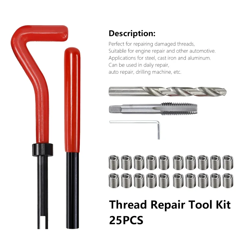 Thread Repair Tool 25pcs M3/M4/M5/M6/M7/M8/M10/M12/14 for Restoring Damaged Thread Spanner Wrench Twist Drill Bit Hand Tool