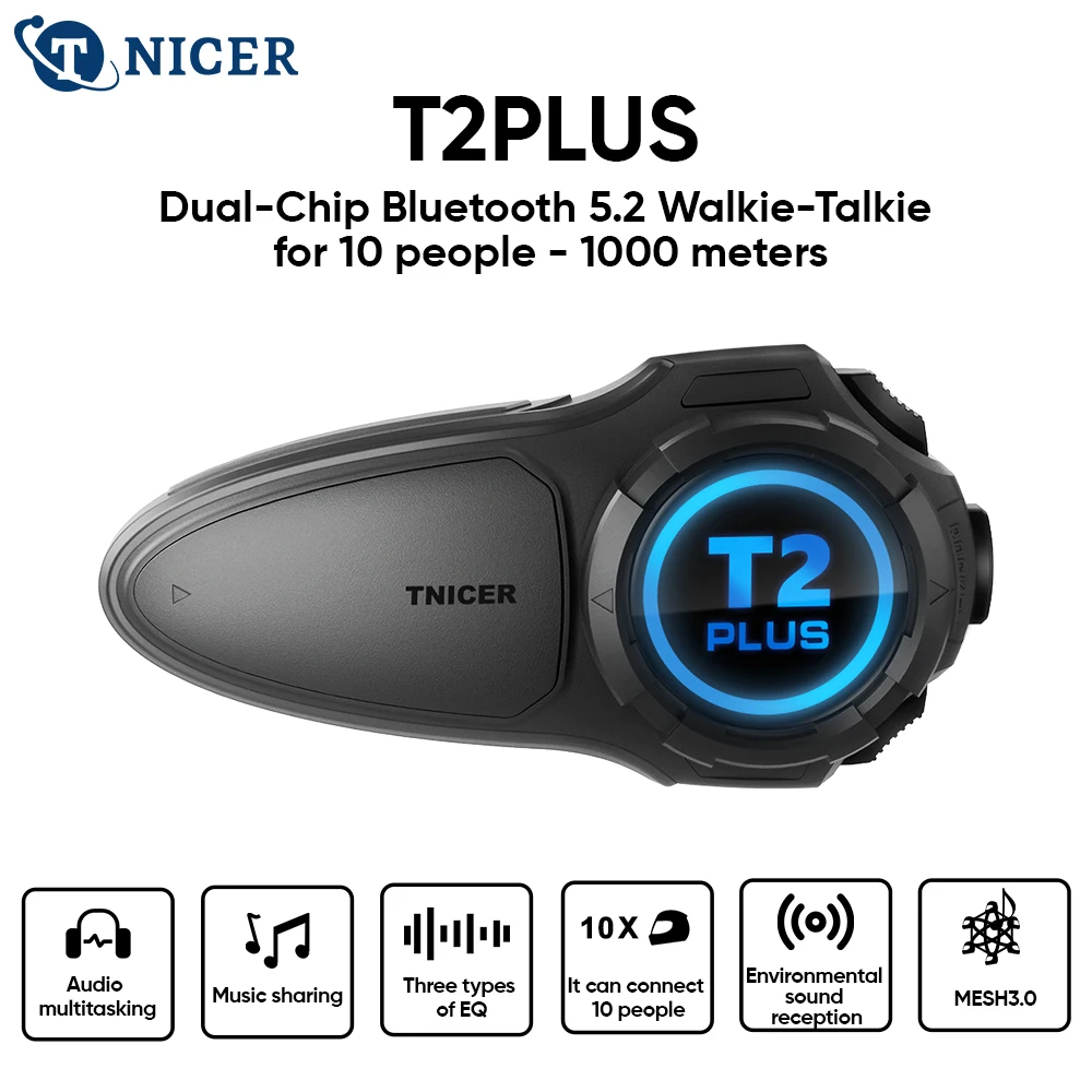 TNICER T2PLUS Motorcycle Helmet Communicator Bluetooth 5.2 10-Rider Mesh 3.0 IP67 Waterproof Motorcycle Intercom Headset.