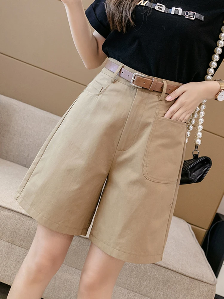 

Khaki Workwear Short Pants Women's Summer Thin A-Line High Waist Wide Leg Medium Pants Loose Straight Casual Five-Quarter Pants