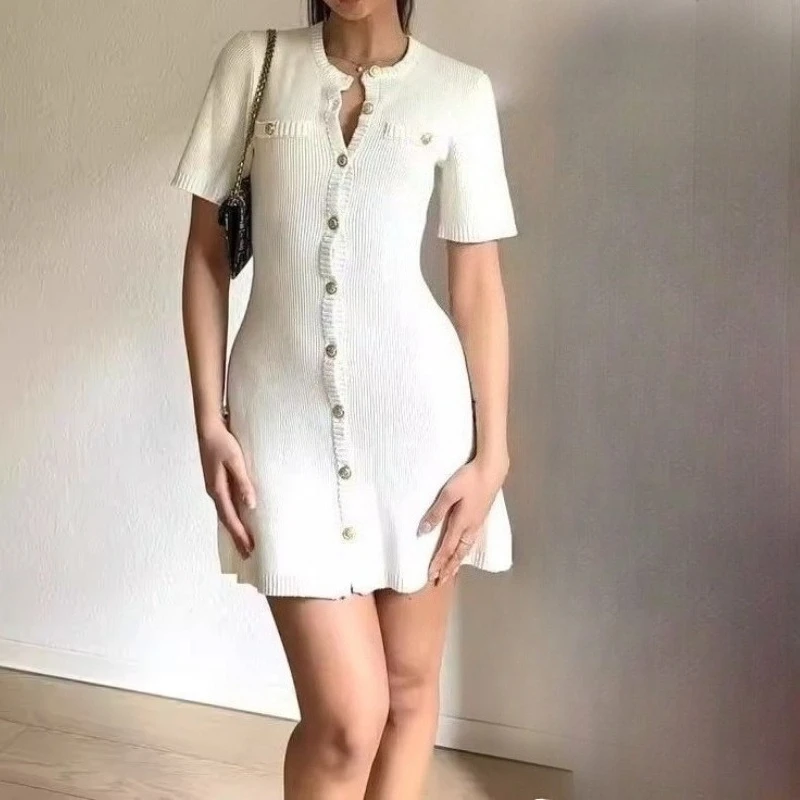 

Elegant Knit Mini Dress Women Street Slim High Waist Short Sleeve Rib Sweater Dresses Vacation Bodycon Knitwear Dress