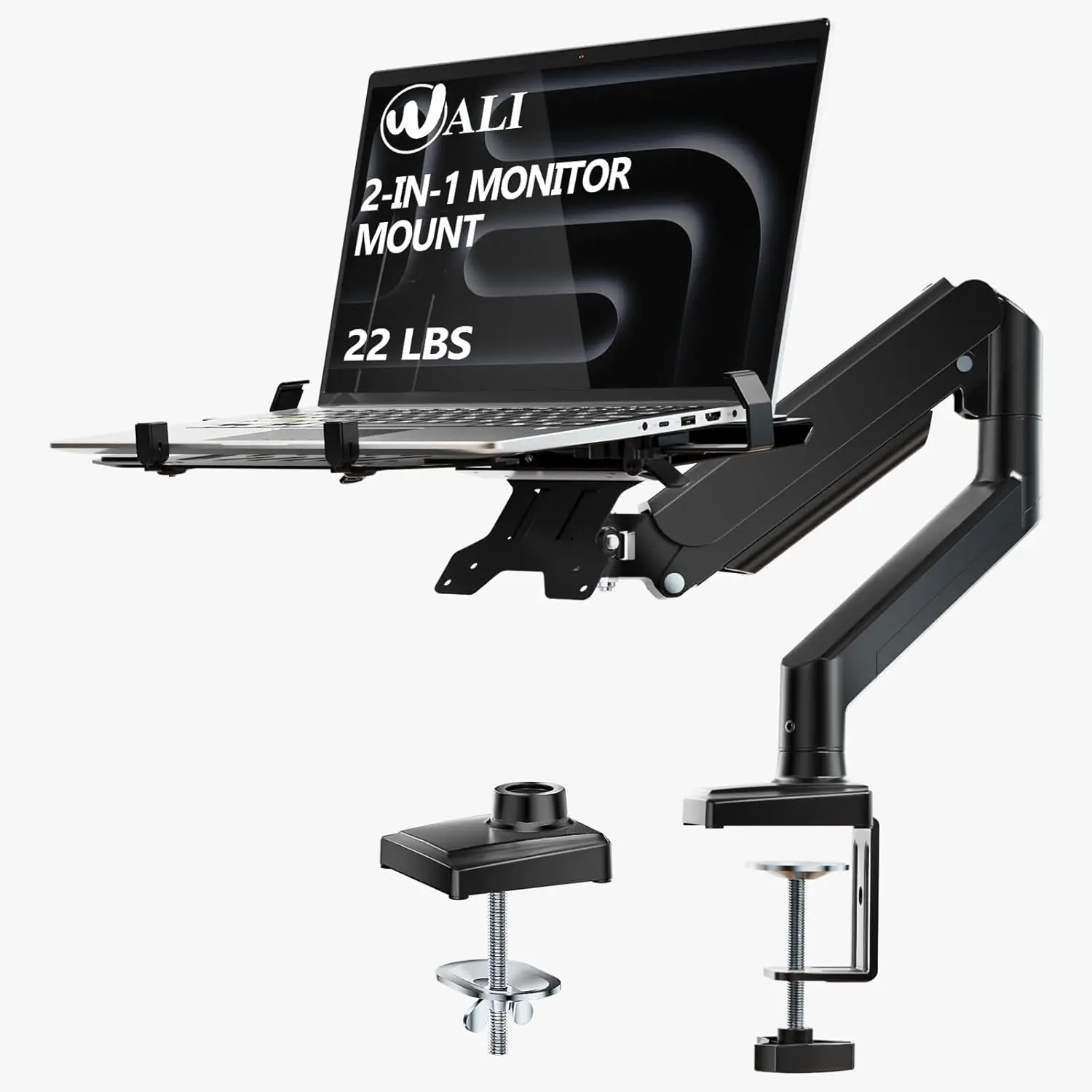 

Adjustable Laptop Monitor Mount, 2-in-1 Stand for 17" Notebooks and 34" Screens, Gas Spring Arm with Height Tilt Swivel