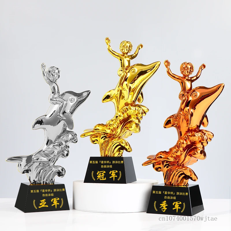 Creative Resin Dolphin Breaststroke Butterfly Swimming Crystal Base Trophy Excellent Award Home Decor Craft Gift, Lettering, 1Pc