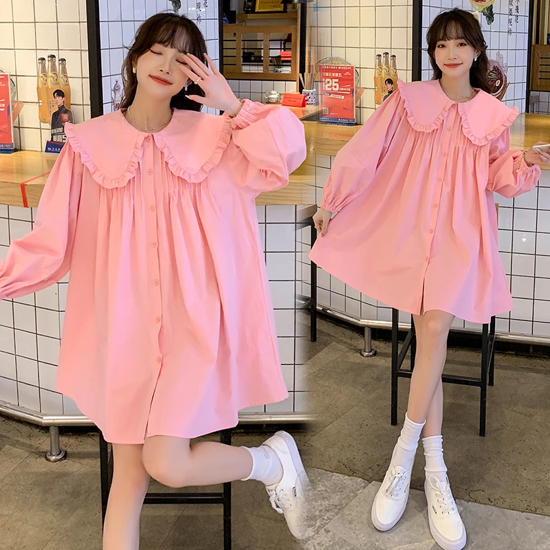 

Spring Pregnant Women Mini Dress Button Fly Lactation Clothes Large Peter Pan Collar Puff Sleeve Maternity Cotton Dress Loose