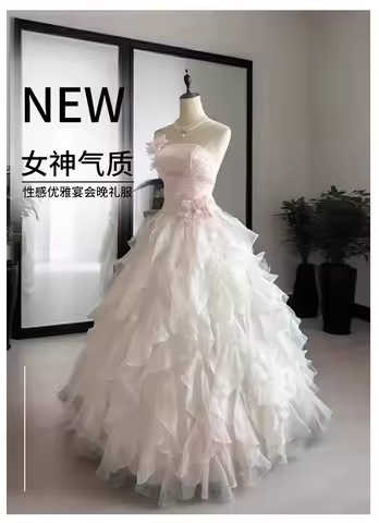 New pink sleeveless lady girl prom evening party dress performance dancer singing gown