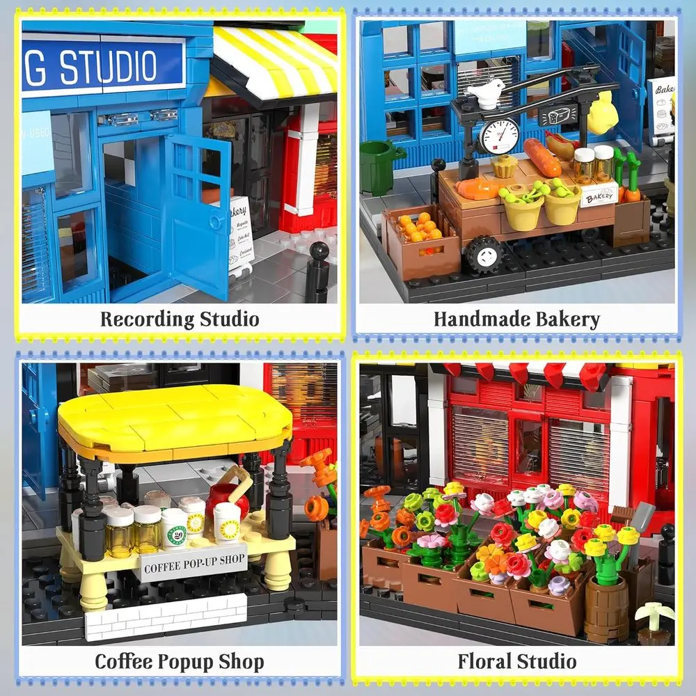Juego de bloques de construcción London Main Street Architecture: 2666 piezas con estudio de grabación, cafetería, panadería, floristería para Adu