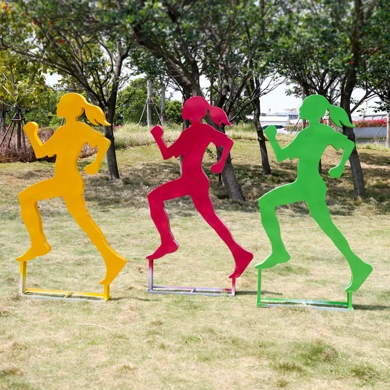 Stainless steel silhouette sports people garden landscape park green square community playground decoration running figure
