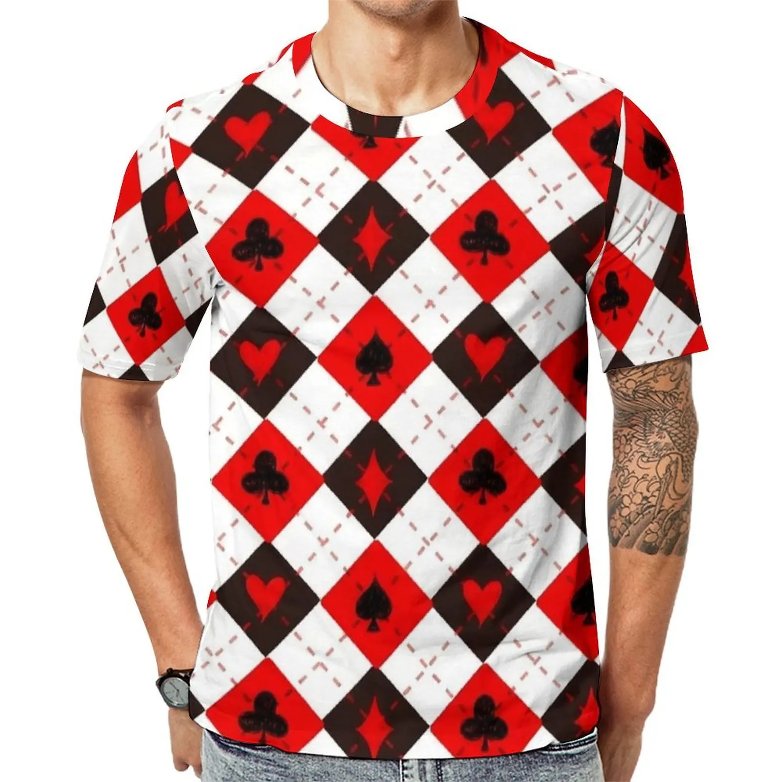 Card Suit Checker Print T Shirt  Fashion T-Shirts Male Aesthetic Tee Shirt Premium Short Sleeve Printed Tops Plus Size