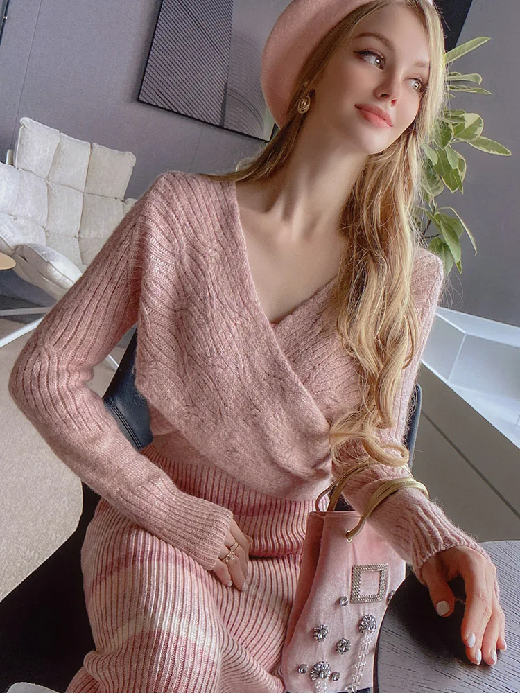 Dabuwawa Spring Autumn Female Trend Vintage V-Neck Cross Mohair Sweaters Knitted Long Sleeve Slim Sweater 2023 DF1CKT002