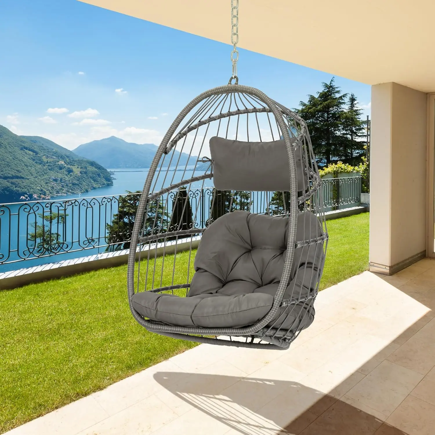 Wicker Rattan Hammock Egg Hanging Chair with Chain, Rusty Resistant Aluminum Frame and UV Cushion, Indoor Outdoor Bedroom Patio