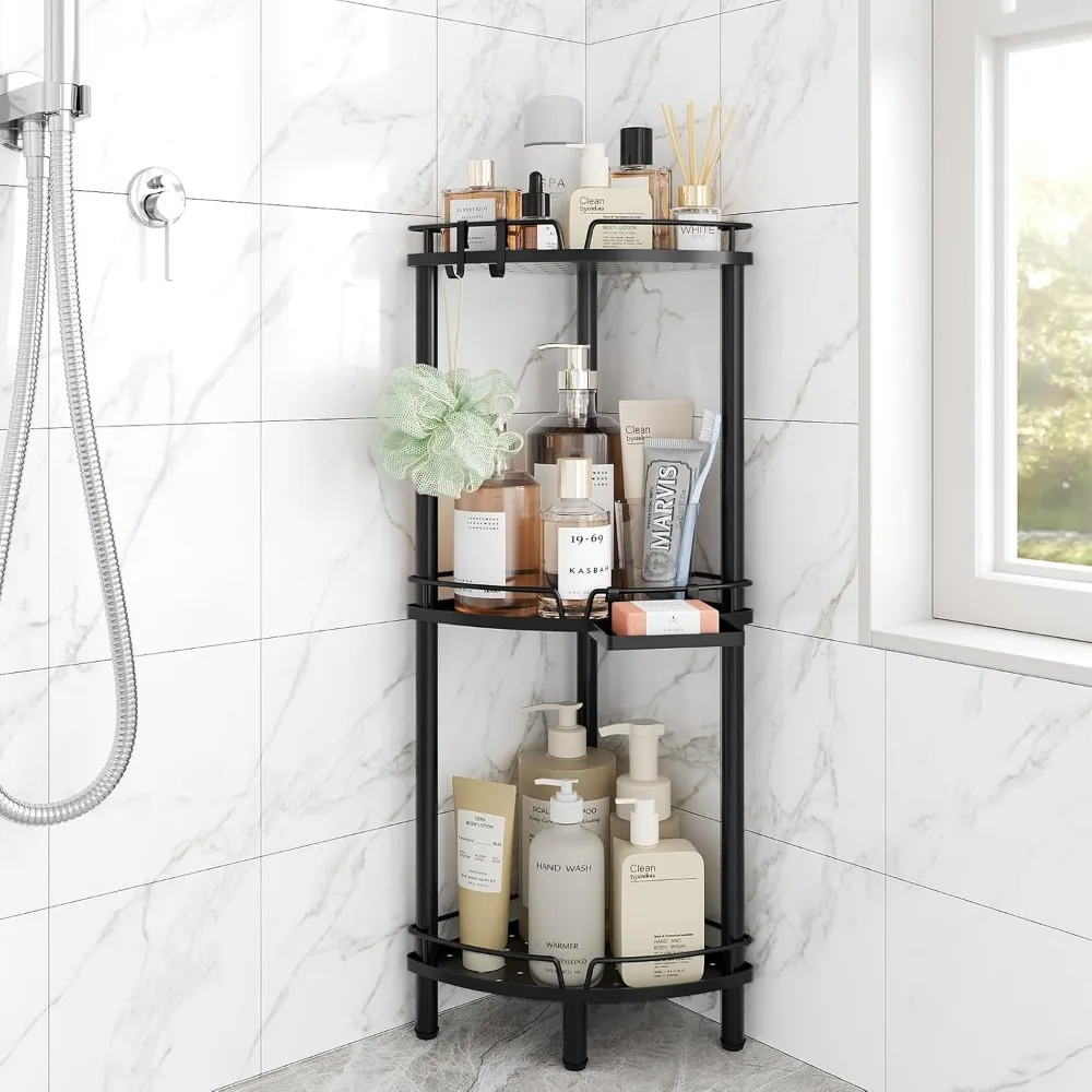 

3-Tier Rustproof Metal Shower Organizer with Adjustable Feet, Soap Holder, and Hooks for Bathroom Storage