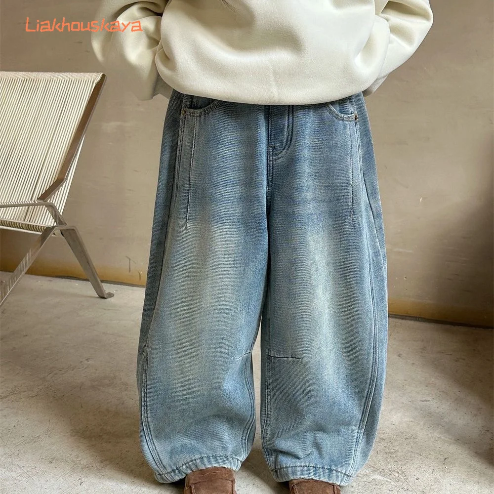 2-12Y Girls Fleece Lined Curved Jeans 2025 New Korean Style Thick Warm Kids Denim Pants Autumn Winter Loose Banana Harem Trouser