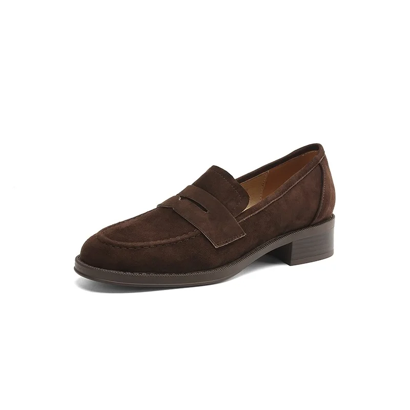 NEW Trend Women Loafers Natural Suede Spring Autumn Ladies Low Block Heels Elegant Round Toe Black Brown Splicing Loafers