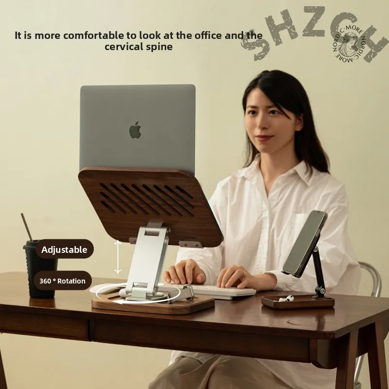 Nordic Wooden Laptop Stand  360° Rotating Height Adjustable for Office/Home with Ventilation Holes Laptop Holder