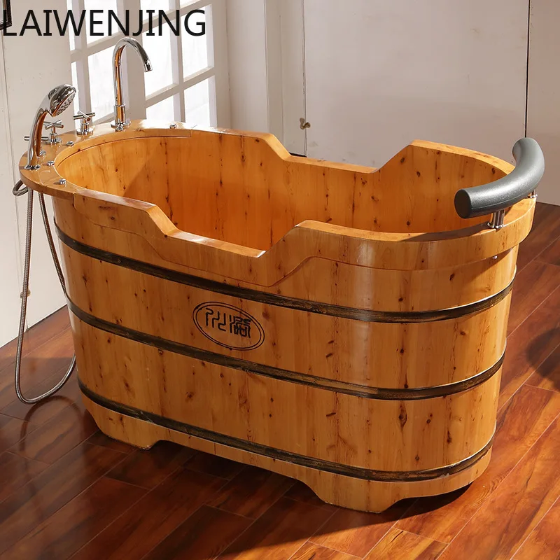 HLZ Large Wooden Bath Barrel Bath Bucket Adult Wooden Bathtub Bath Basin with Faucet for Home Use