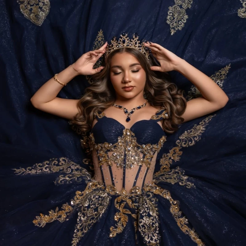 Navy Blue Glitter Quinceanera Dresses Off Shoulder Ball Gown Sweet 16 Dress Gold Applique Lace Beading Crystal Tull Party Birthd