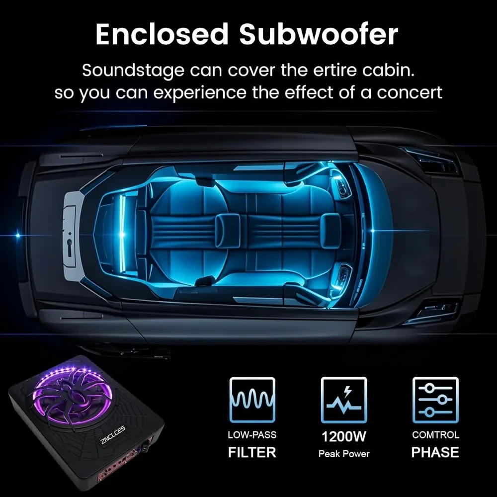 

2025 Upgraded 10" 1200W Slim Under Seat Powered Car Subwoofer with Colorful LED Ambient Lights, Car/Truck Audio Sub Built in Amp