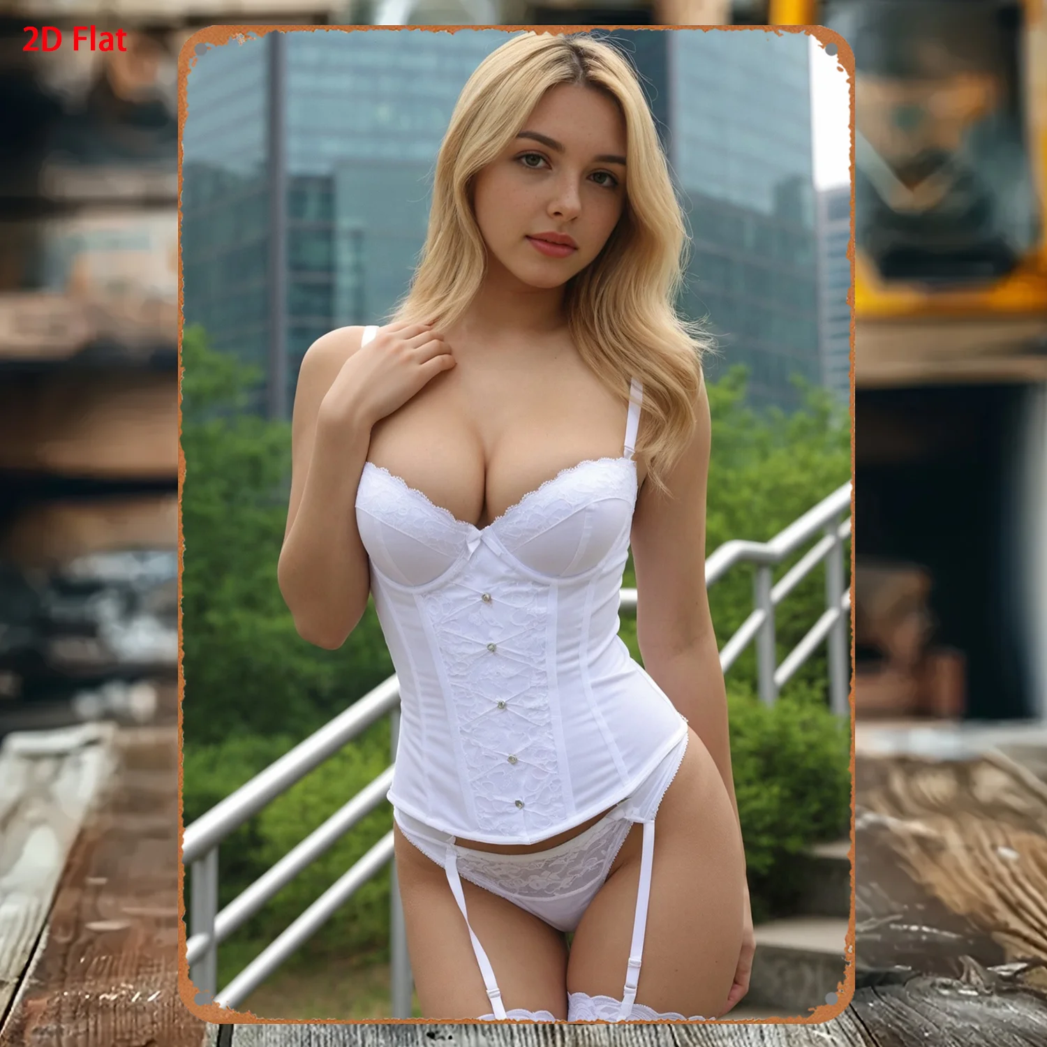 Retro Metal Tin Sign, Woman In White Corset With Garters Print, Elegant Lingerie Wall Art for Home, Bedroom, Bar & Gift