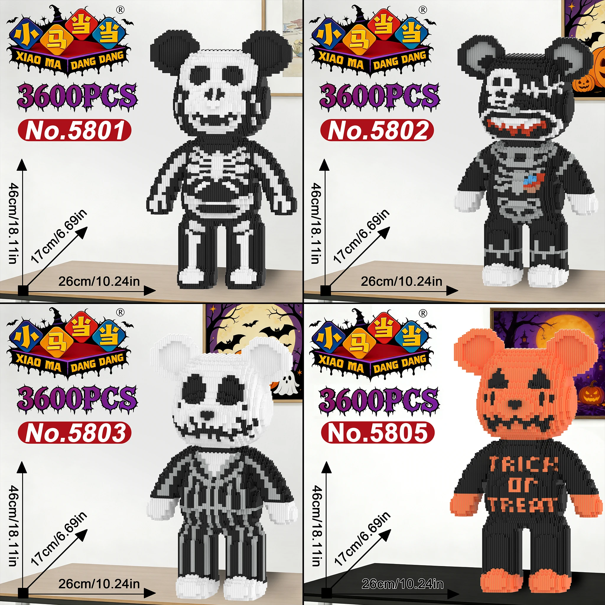 3600Pcs Super Large Halloween Series Violent Bear Building Blocks Toys Art Ornament Puzzle Assembly Fidget Halloween Gift Blocks