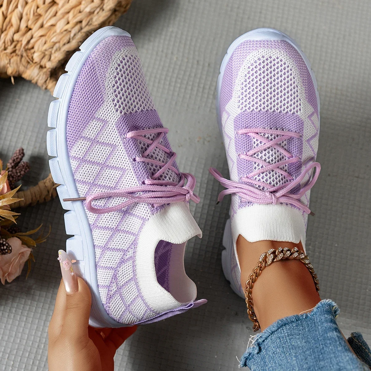 Women Knit Sock Sneakers, Rhombus Pattern Breathable Lightweight Comfortable LaceUp Flat Shoes Ladies Daily Casual Sport Shoes
