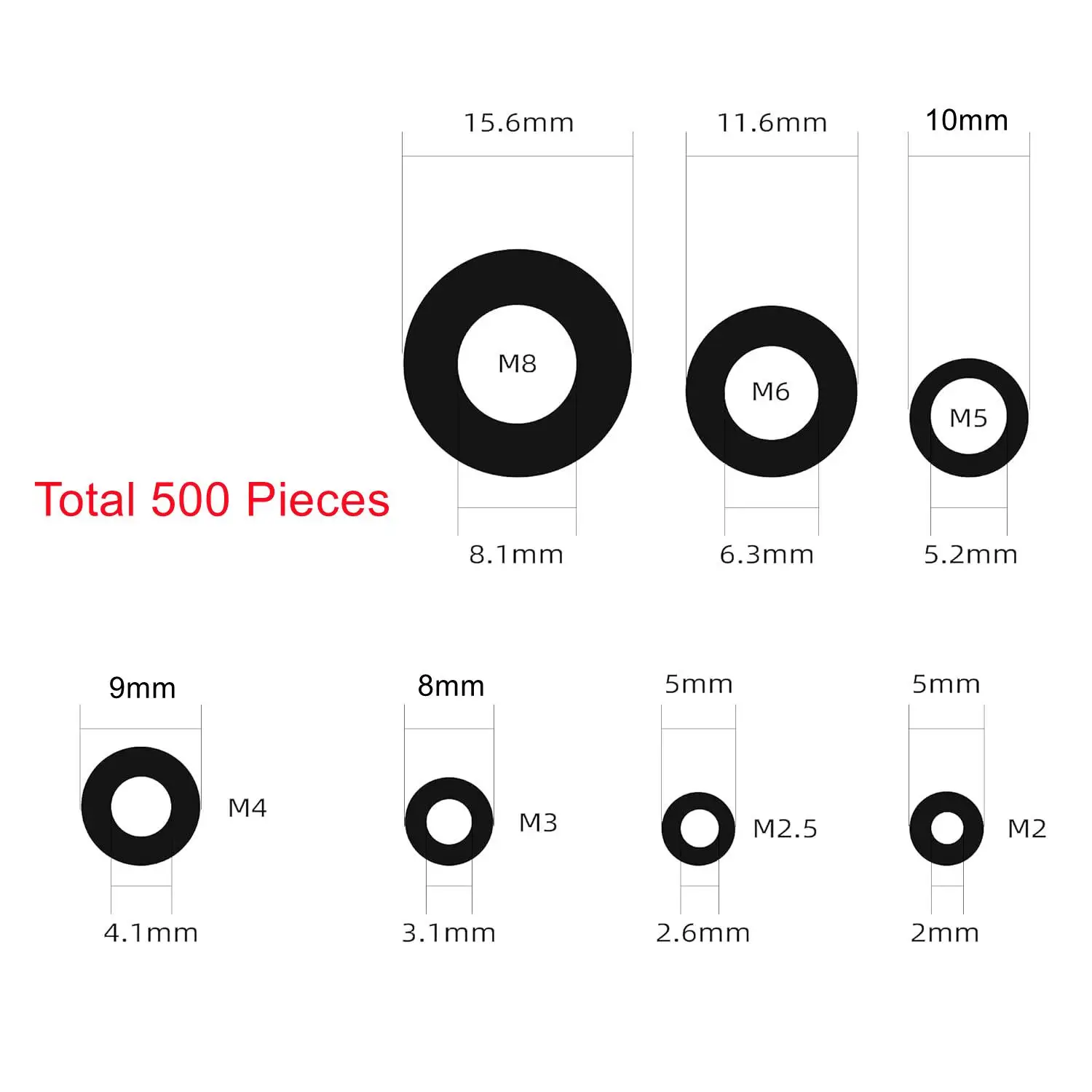 500 Pcs White & Black Nylon Washers M2 M2.5 M3 M4 M5 M6 M8 PA66 Plastic Insulation Spacers Gasket For Bolts Screws